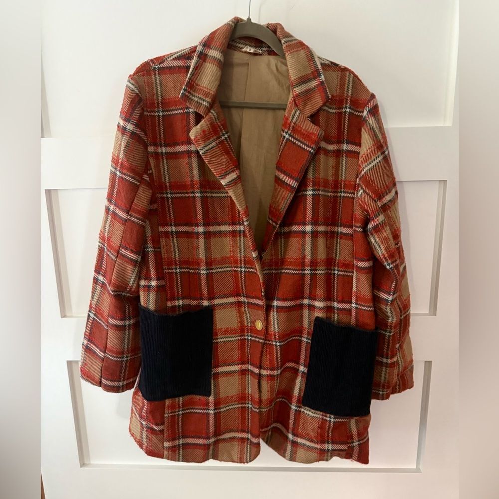 POL Red and Tan Plaid Blazer